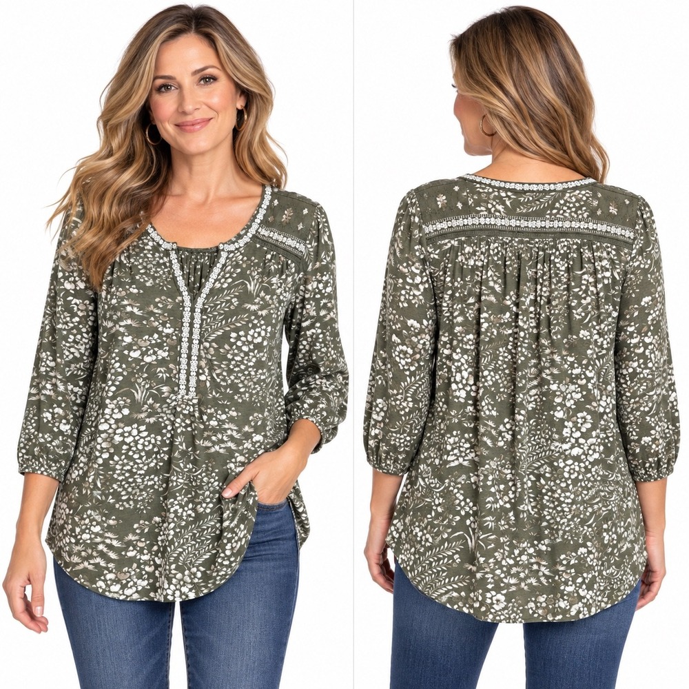 Lucky Brand Womens 1X Green Floral Embroidered Henley Boho 3/4 Sleeve Top